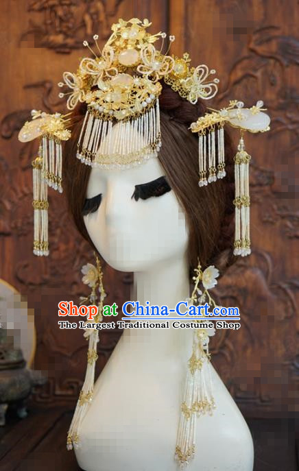 Traditional Chinese Wedding Hair Accessories Ancient Bride Golden Tassel Hairpins Complete Set for Women