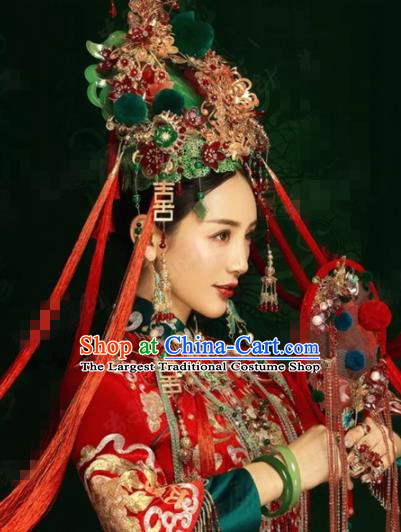 Traditional Chinese Wedding Hair Accessories Green Phoenix Coronet Ancient Bride Hairpins Complete Set for Women