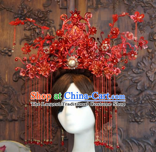 Traditional Chinese Wedding Luxury Red Phoenix Coronet Hair Accessories Ancient Bride Tassel Hairpins Complete Set for Women