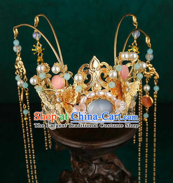 Traditional Chinese Wedding Pearls Blue Hair Crown Hair Accessories Ancient Bride Tassel Hairpins Complete Set for Women