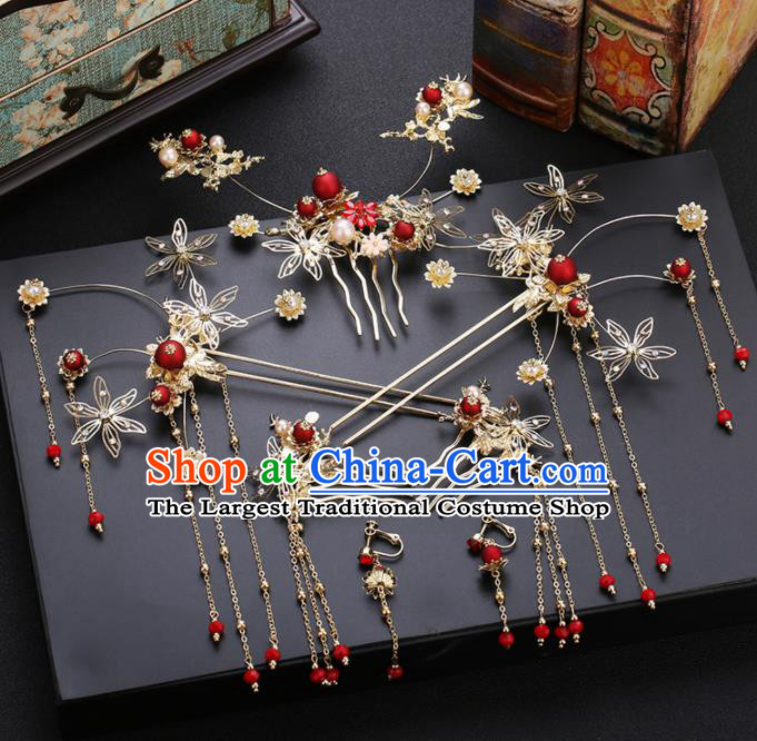 Traditional Chinese Wedding Hair Comb Handmade Ancient Bride Hairpins Hair Accessories Complete Set