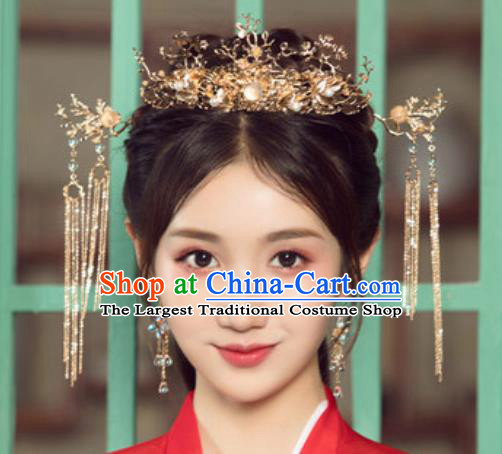 Traditional Chinese Wedding Golden Leaf Phoenix Coronet Luxury Hair Accessories Ancient Bride Hairpins Complete Set for Women