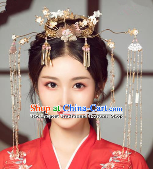 Traditional Chinese Wedding Court Tassel Phoenix Coronet Hair Accessories Ancient Bride Tassel Hairpins Complete Set