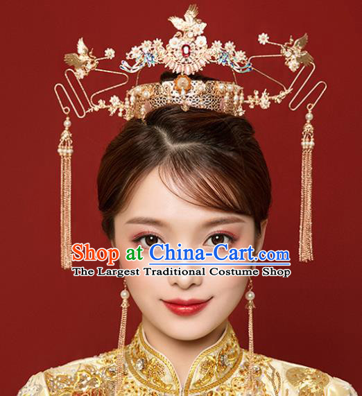 Traditional Chinese Wedding Luxury Crane Phoenix Coronet Ancient Bride Hairpins Hair Accessories Complete Set