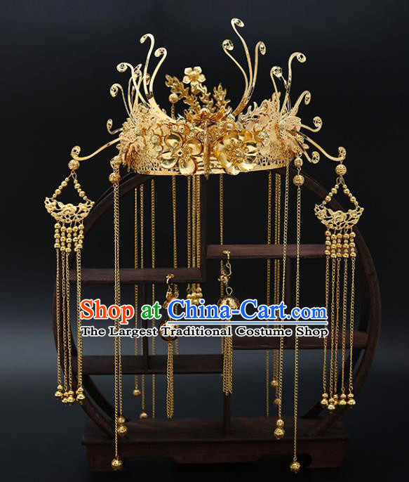 Traditional Chinese Wedding Luxury Golden Phoenix Coronet Hair Accessories Ancient Bride Hairpins Complete Set