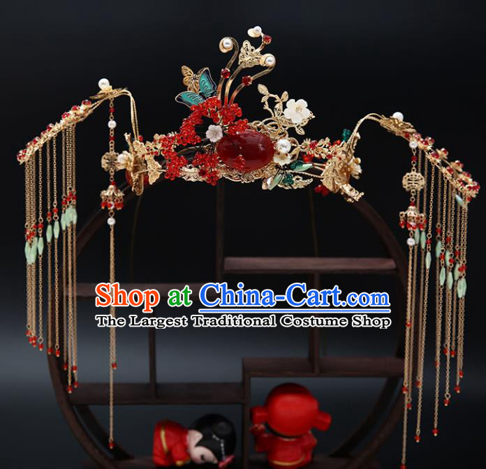 Traditional Chinese Wedding Luxury Red Phoenix Coronet Hair Accessories Ancient Bride Hairpins Complete Set