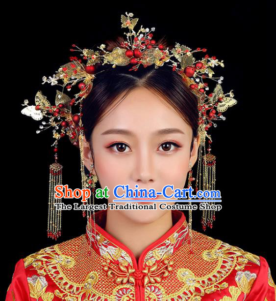 Traditional Chinese Wedding Golden Butterfly Phoenix Coronet Handmade Ancient Bride Hairpins Hair Accessories Complete Set