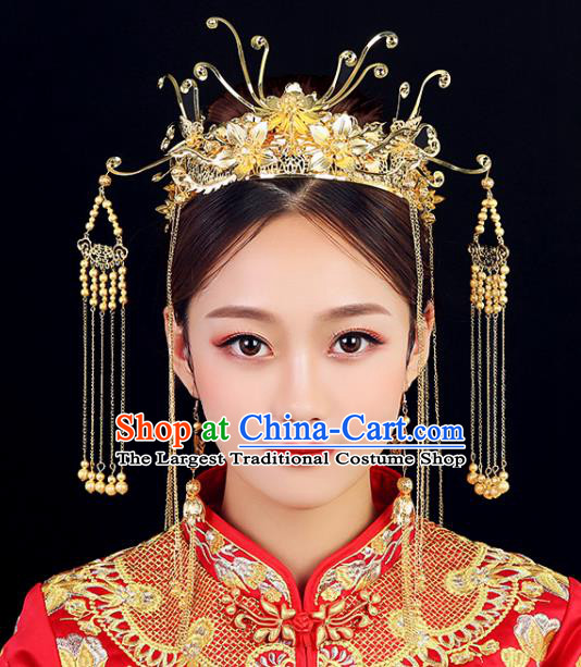 Traditional Chinese Wedding Handmade Golden Phoenix Coronet Ancient Bride Hairpins Hair Accessories Complete Set