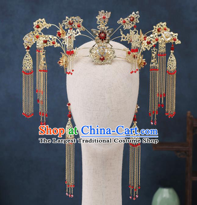 Traditional Chinese Wedding Handmade Golden Tassel Phoenix Coronet Ancient Bride Hairpins Hair Accessories Complete Set