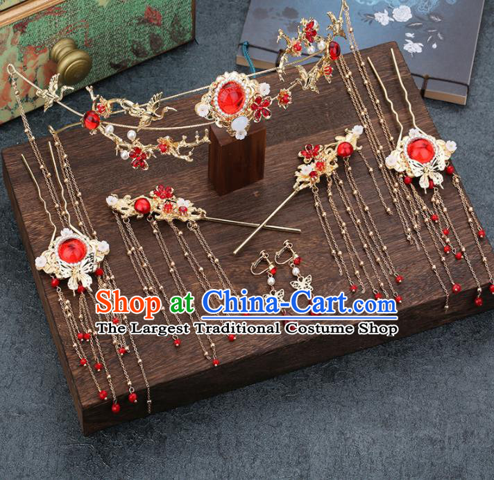 Traditional Chinese Wedding Handmade Red Crystal Hair Clasp Ancient Bride Hairpins Hair Accessories Complete Set