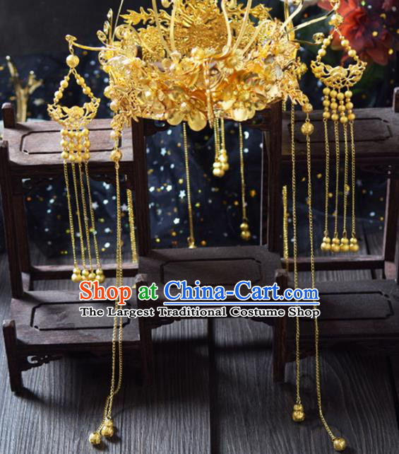 Traditional Chinese Handmade Golden Tassel Phoenix Coronet Ancient Wedding Bride Hairpins Hair Accessories for Women