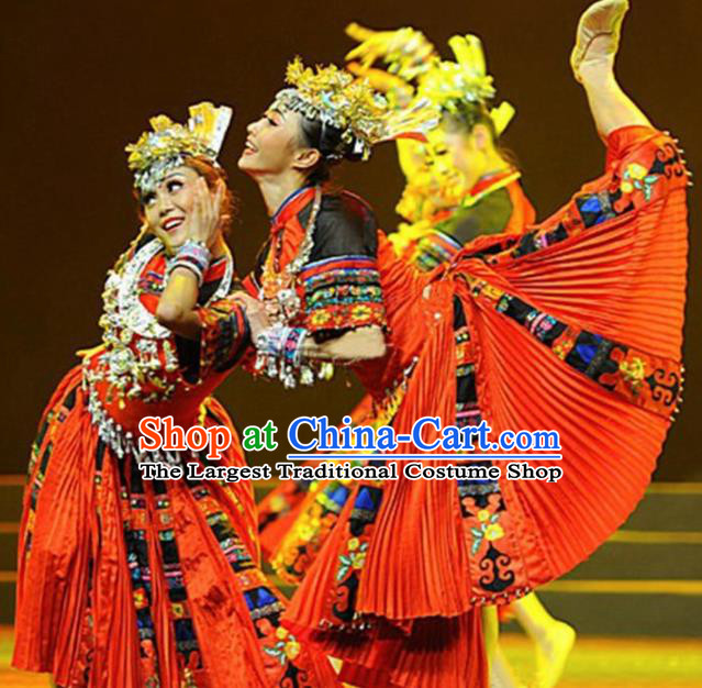 Traditional Chinese Miao Nationality Dance Costume Ethnic Stage Show Red Dress for Women