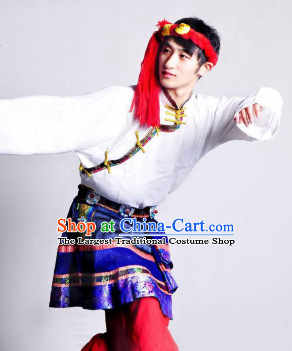 Chinese Traditional Zang Nationality Dance White Costume Tibetan Ethnic Folk Dance Stage Show Clothing for Men