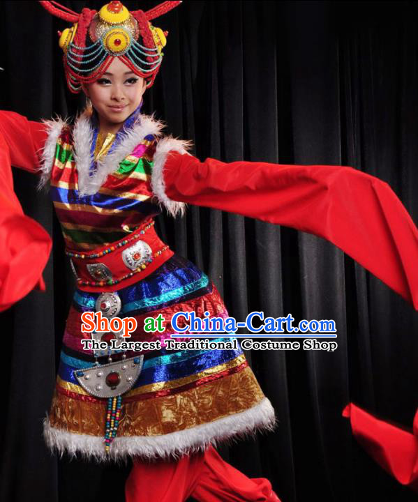 Traditional Chinese Zang Nationality Red Costume Tibetan Ethnic Dance Stage Show Dress for Women