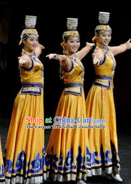 Traditional Chinese Mongol Nationality Bowl Dance Costume Ethnic Stage Show Yellow Dress for Women