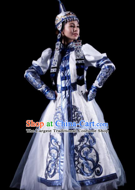 Traditional Chinese Mongol Nationality White Costume Mongolian Ethnic Dance Stage Show Dress for Women