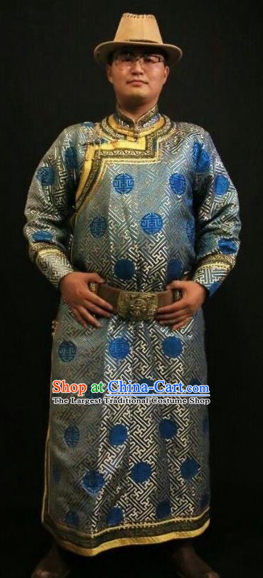 Chinese Traditional Mongol Nationality Costumes Mongolian Ethnic Blue Robe for Men