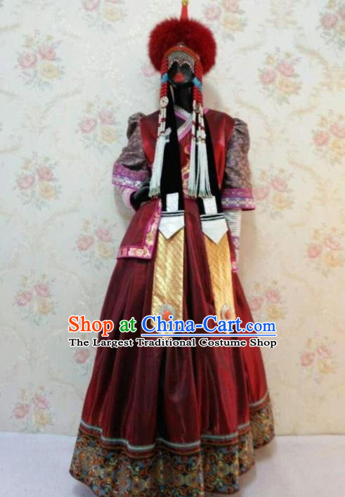 Traditional Chinese Mongol Nationality Stage Show Wine Red Dress Mongolian Ethnic Dance Costume for Women