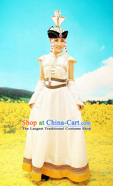 Traditional Chinese Mongol Nationality Wedding White Dress and Hat Mongolian Ethnic Dance Costume for Women