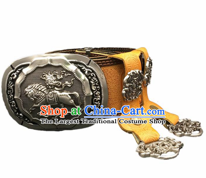 Traditional Chinese Mongol Nationality Yellow Leather Belt Mongolian Ethnic Cupronickel Waistband for Men