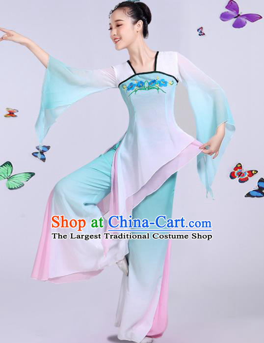 Chinese Traditional Umbrella Dance Stage Show Light Green Dress Classical Dance Fan Dance Costume for Women