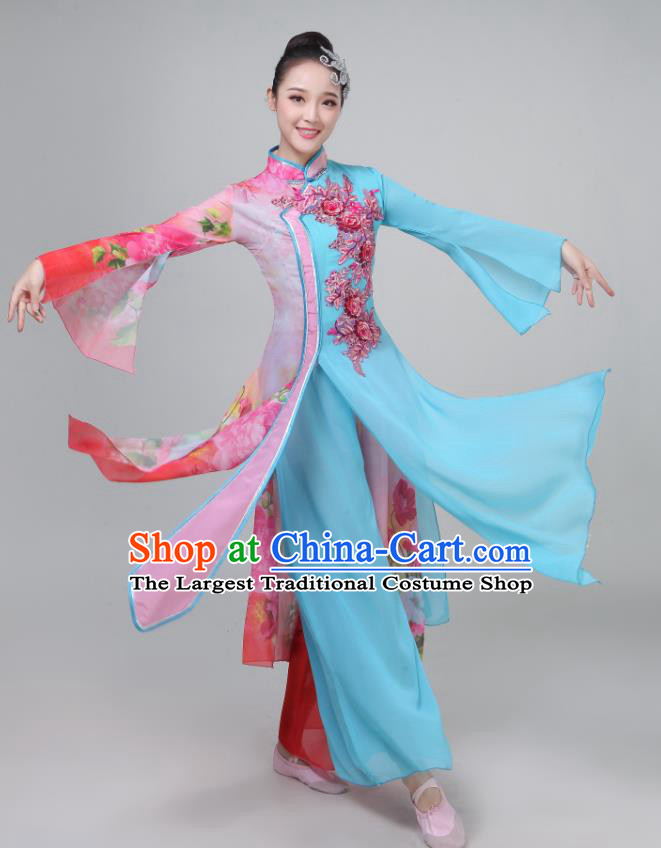 Chinese Traditional Umbrella Dance Light Blue Dress Classical Dance Round Fan Dance Costume for Women