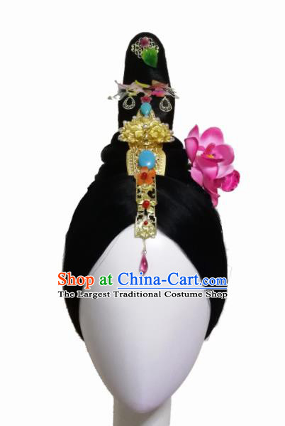 Traditional Chinese Classical Dance Wang Zhaojun Hair Accessories Fan Dance Wig Chignon Headdress for Women