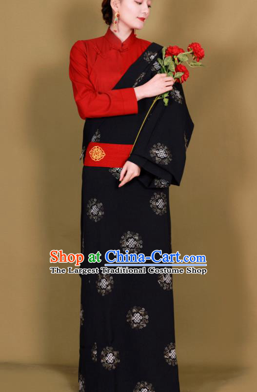 Traditional Chinese Zang Ethnic Black Guozhuang Dress Tibetan Minority Folk Dance Costume for Women