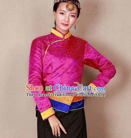 Traditional Chinese Zang Ethnic Rosy Blouse Tibetan Minority Upper Outer Garment Costume for Women