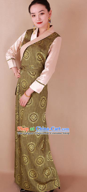 Traditional Chinese Zang Ethnic Olive Green Silk Dress Tibetan Minority Folk Dance Costume for Women