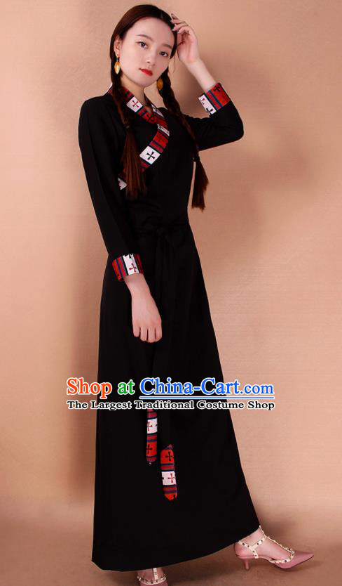 Traditional Chinese Zang Ethnic Black Dress Tibetan Minority Folk Dance Costume for Women