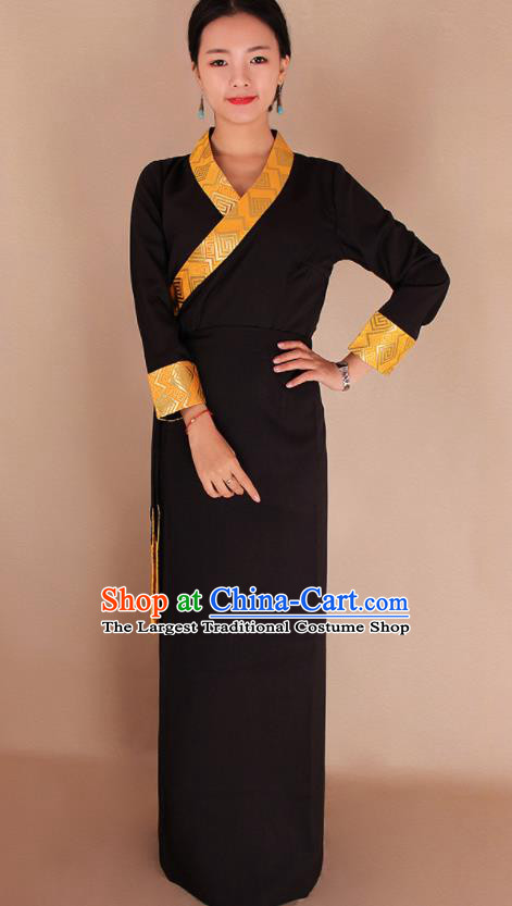 Traditional Chinese Zang Ethnic Kangba Black Dress Tibetan Minority Folk Dance Costume for Women