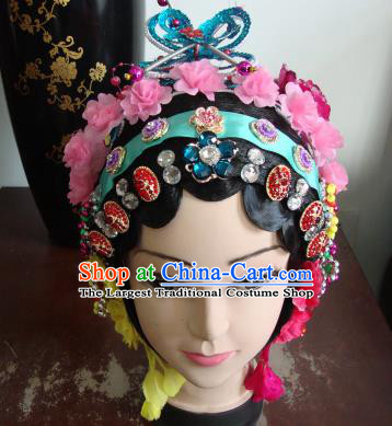 Chinese Beijing Opera Girls Pink Flowers Headgear Traditional Peking Opera Wig Sheath and Hair Accessories for Women