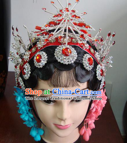 Chinese Beijing Opera Girls Red Headgear Traditional Peking Opera Wig Sheath and Hair Accessories for Women