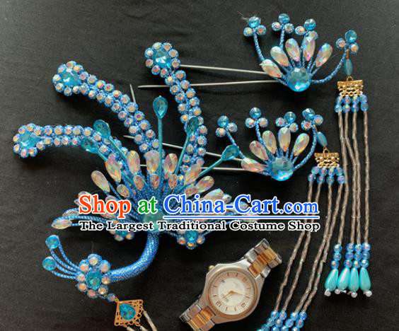 Chinese Beijing Opera Diva Blue Phoenix Tassel Hairpins Headgear Traditional Peking Opera Queen Hair Accessories for Women