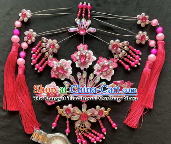 Chinese Beijing Opera Diva Rosy Flowers Tassel Hairpins Headgear Traditional Peking Opera Queen Hair Accessories for Women