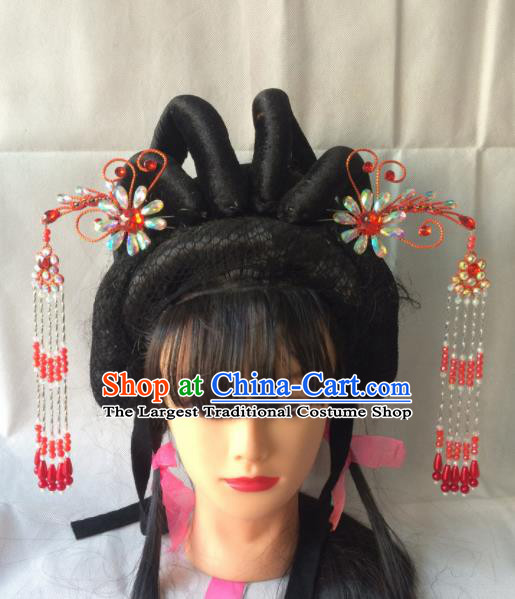 Chinese Beijing Opera Diva Red Phoenix Hairpins Traditional Peking Opera Princess Hair Accessories for Women