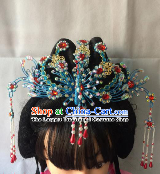 Chinese Beijing Opera Diva Blue Phoenix Coronet Hairpins Traditional Peking Opera Queen Hair Accessories for Women