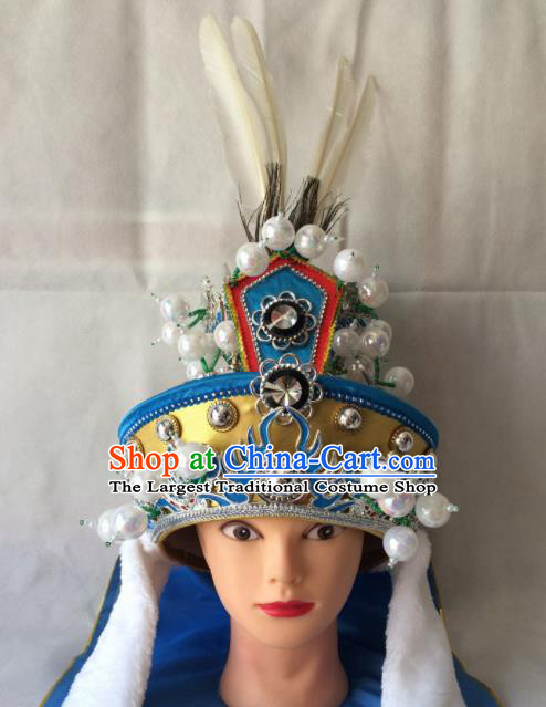 Chinese Beijing Opera Takefu Blue Hat Traditional Peking Opera Swordsman Helmet Headwear for Men