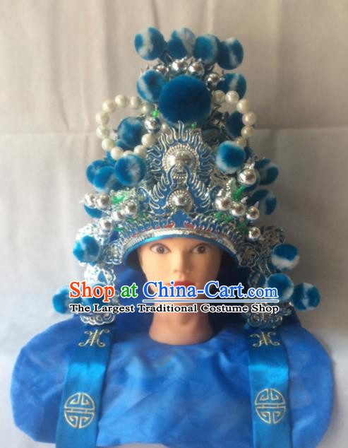 Chinese Beijing Opera Imperial Bodyguard Blue Hat Traditional Peking Opera Takefu Headwear for Men