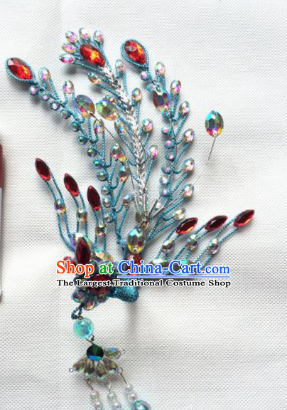 Chinese Beijing Opera Diva Blue Phoenix Hairpins Traditional Peking Opera Princess Hair Accessories for Women