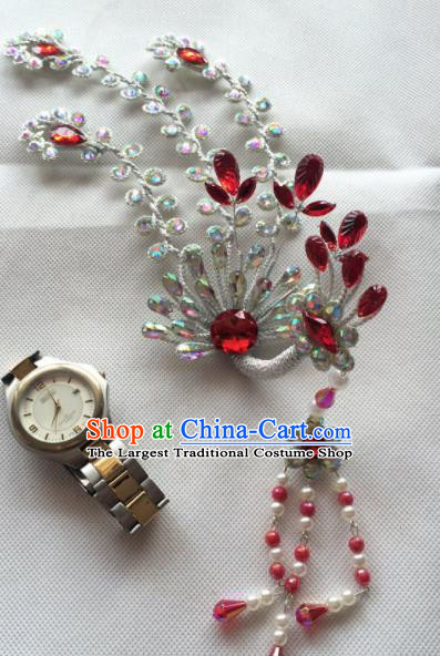 Chinese Beijing Opera Princess Red Crystal Phoenix Hairpins Traditional Peking Opera Diva Hair Accessories for Women