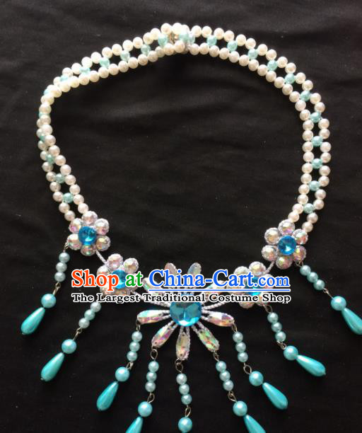 Chinese Beijing Opera Diva Blue Tassel Necklace Traditional Peking Opera Princess Necklet Accessories for Women