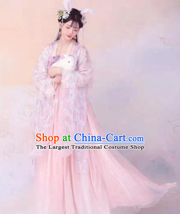 Ancient Chinese Goddess Pink Hanfu Dress Tang Dynasty Court Princess Historical Costumes for Women