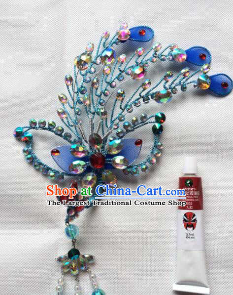 Chinese Beijing Opera Diva Blue Phoenix Hairpins Traditional Peking Opera Hair Accessories for Women