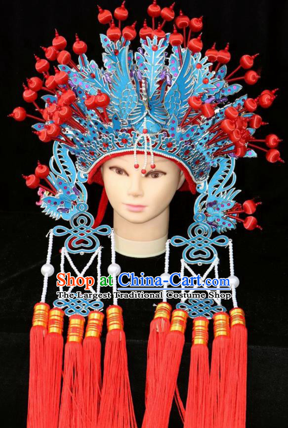 Chinese Beijing Opera Diva Blue Phoenix Coronet Traditional Peking Opera Bride Hat Hair Accessories for Women