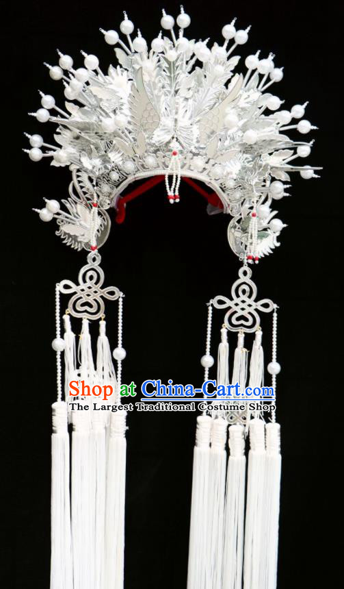 Chinese Beijing Opera White Tassel Phoenix Coronet Traditional Peking Opera Bride Hat Hair Accessories for Women