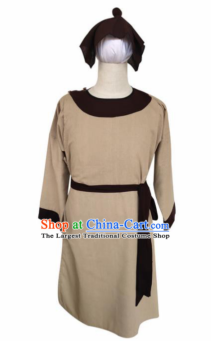 Chinese Ancient Civilian Khaki Robe Traditional Ming Dynasty Teahouse Waiter Costume for Men