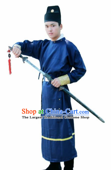 Chinese Ancient Swordsman Blue Clothing Traditional Ming Dynasty Imperial Bodyguard Costume for Men