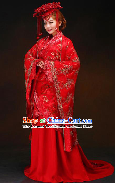 Chinese Ancient Bride Red Dress Traditional Han Dynasty Royal Empress Wedding Costumes and Headpiece for Women